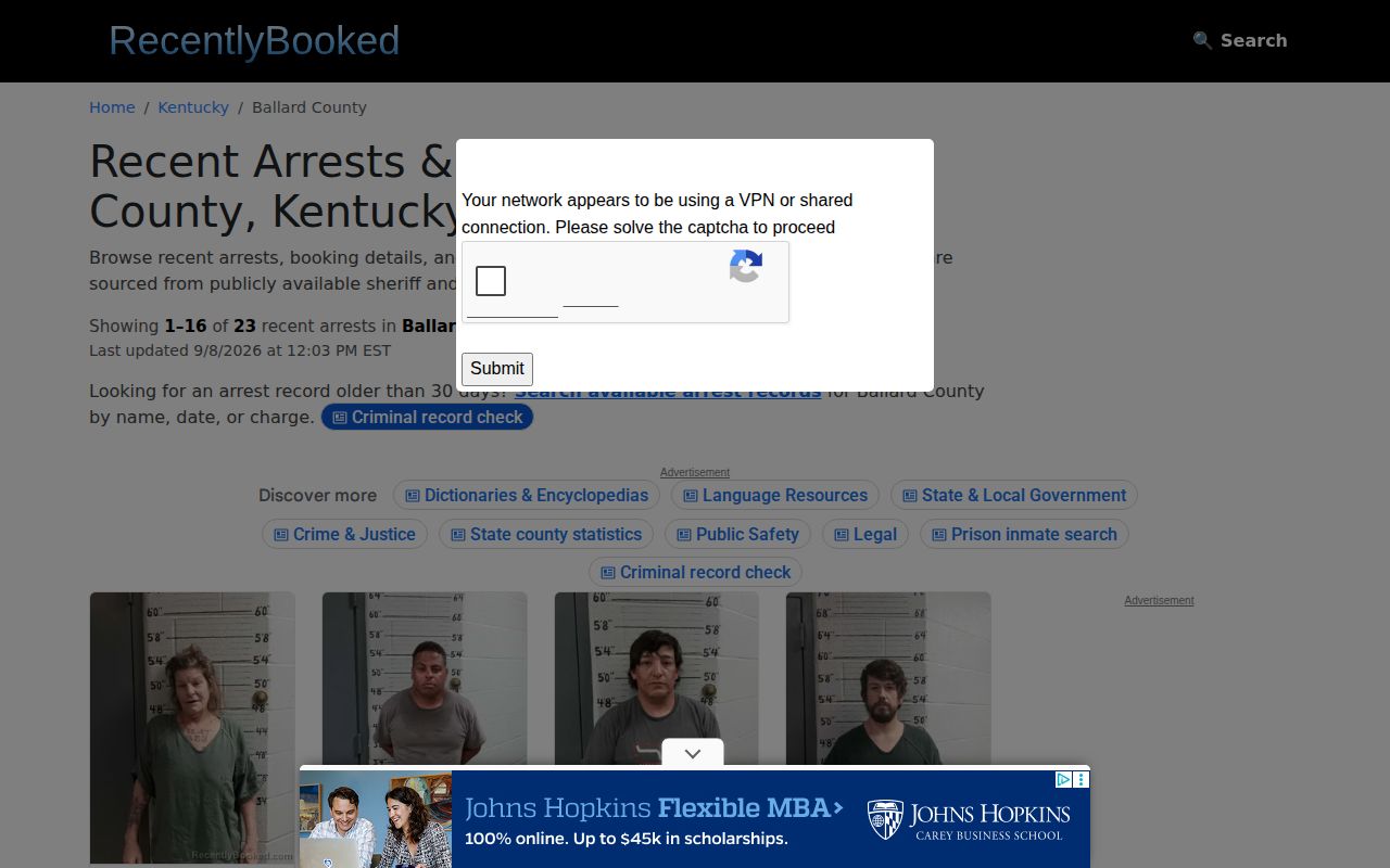 Ballard County daily arrest report search controls