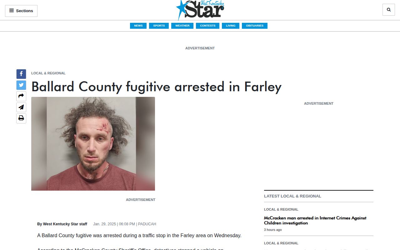 Ballard County arrest report showing neighboring jail placement