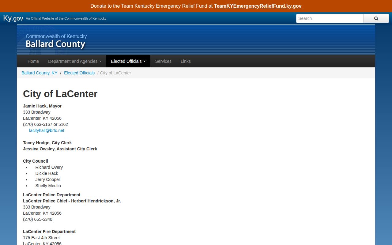 Official Ballard County City of LaCenter police contact page