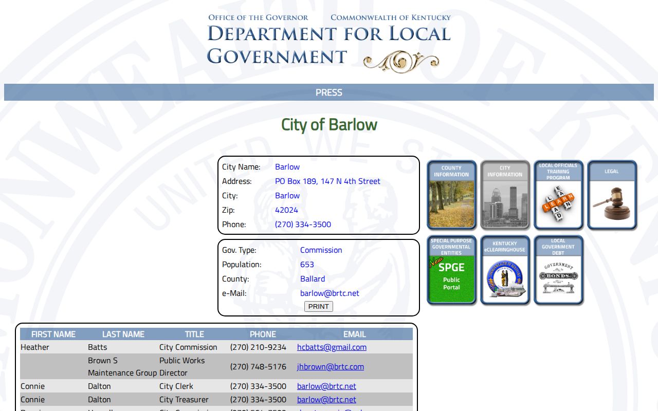 Official Kentucky Department for Local Government City of Barlow profile